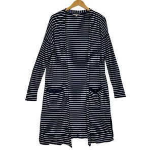 Athleta Womens Open Wrap Cardigan Duster Large Navy White Striped Silk Blend